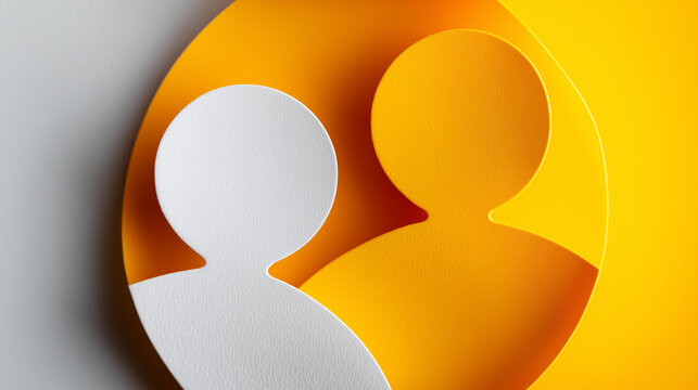 Close-up of two overlapping circles formed from paper cutouts of people, integration and merger concept, team alignment symbol, organizational collaboration, with copy space