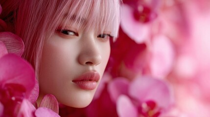 Naklejka premium A mesmerizing model with soft pink hair gazes intensely towards the viewer, surrounded by lush pink orchids. The scene evokes a dreamy, high-fashion atmosphere filled with elegance