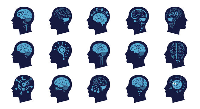 Series of blue head silhouettes illustrating brain activity, cognition, and mental processes.