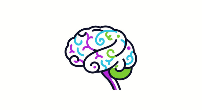 Colorful Brain Illustration with Abstract Swirls and Purple Stem for Creative Concept.