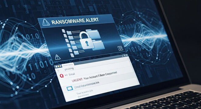 A laptop screen displays a ransomware alert message. The alert includes a padlock icon and a warning text indicating that an account has been compromised.