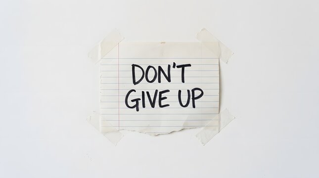 Torn lined notebook paper with bold, handwritten "Don&acirc;&euro;&trade;t Give Up" message on white.