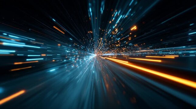 High speed digital data transmission with blue neon rays and explosive orange electric sparks (AI Generated)