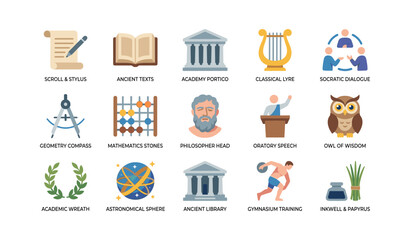 Naklejka premium Classical education symbols and icons displayed in grid layout