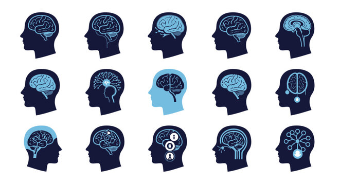 Collection of blue human head silhouettes displaying brain concepts and cognitive icons in a vector illustration set.