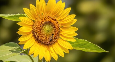 Obraz premium A vibrant sunflower stands prominently in the foreground, attracting a bee. The flower’s bright yellow petals radiate outwards, showcasing its central dark brown disc.