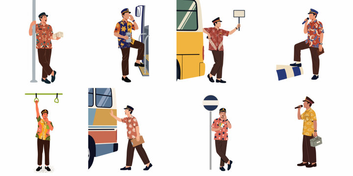 Flat Vector Illustrations of Indonesian Bus Conductors Wearing Traditional Batik Shirts and Working in Public Transportation Settings