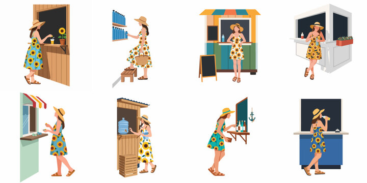 A flat vector illustration set of a woman in a sunflower dress visiting various beach kiosks and stalls to buy drinks and snacks.