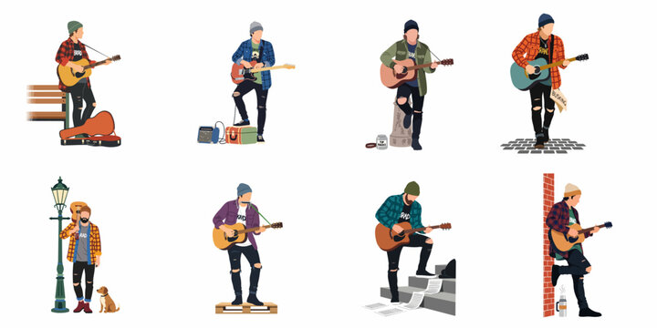 Set of diverse street musicians and buskers playing acoustic and electric guitars in various urban outdoor settings, flat vector illustration.