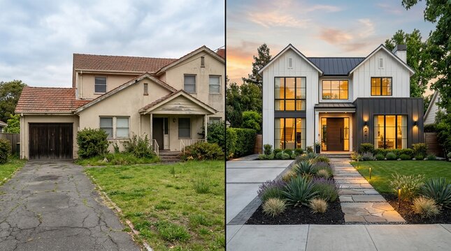 Comparison of a run-down suburban house with a modern renovated residence showcasing architectural transformation