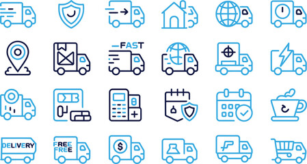 Obraz premium Set of blue outline icons for delivery and logistics services on white background.
