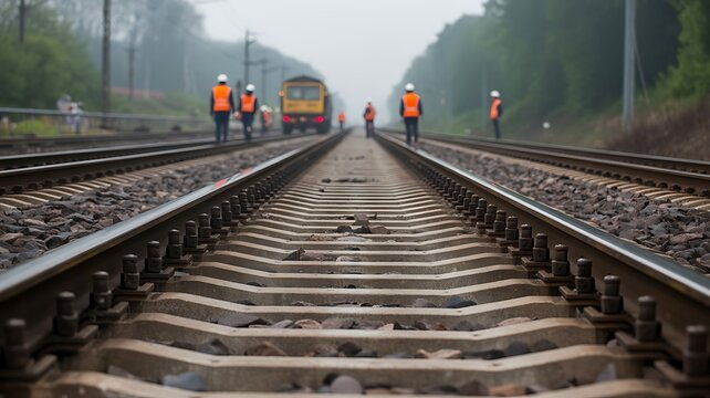 Railway workers inspecting train tracks in foggy environment transportation infrastructure maintenance