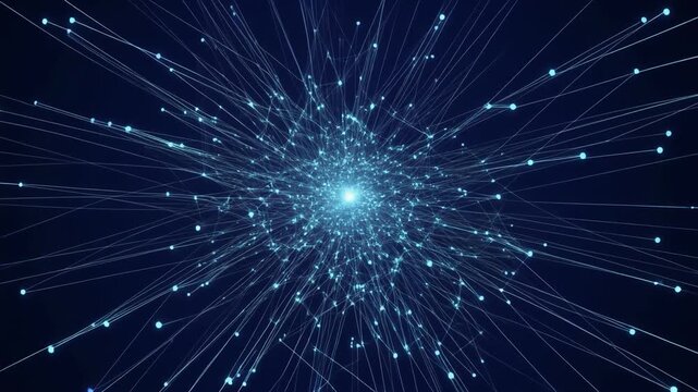 Blue particle network burst with glowing data connections on dark background.