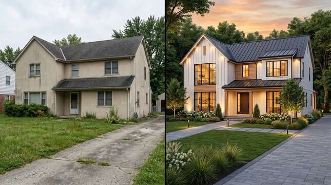 Comparison of a Dilapidated Old House and a Modern Newly Built Smart Home Situated in Beautiful Suburban Neighborhoods