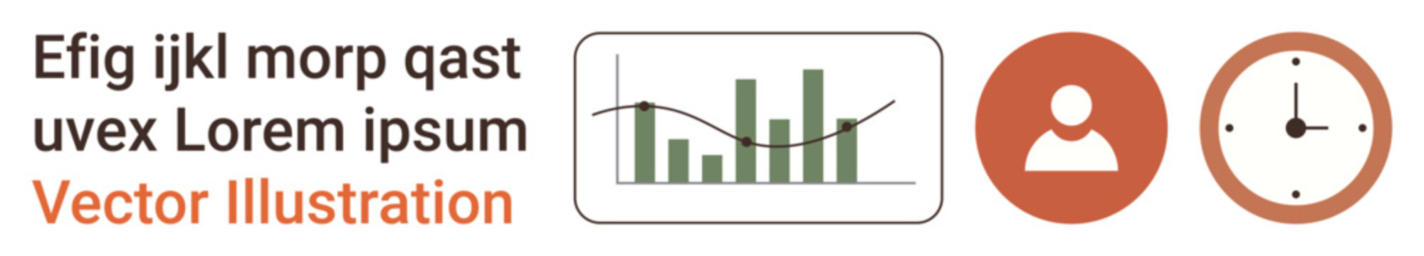 Business analytics, data monitoring, user profiles, time management, project tracking, statistics insights. Bar and line graph with user icon and clock. Data monitoring and business analytics concept