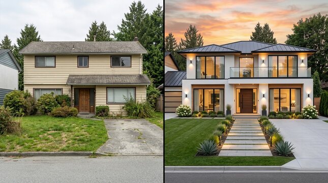 Comparative view of an outdated suburban house and a modern contemporary home with elegant landscaping and spacious design