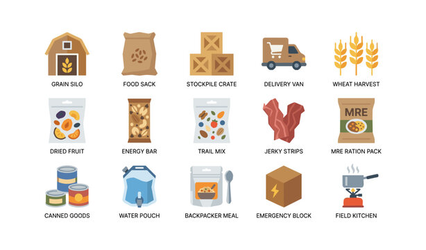 Grain and packaged food supply icons arranged on white background