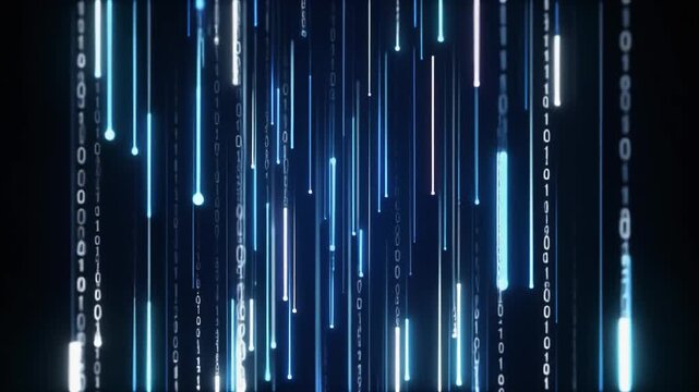 Blue streams of binary code falling through a dark digital space.