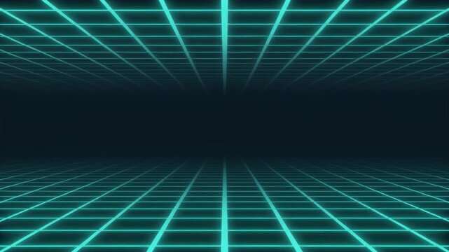 Futuristic neon grid tunnel with glowing perspective lines. Retro synthwave digital landscape background in 80s sci fi style.