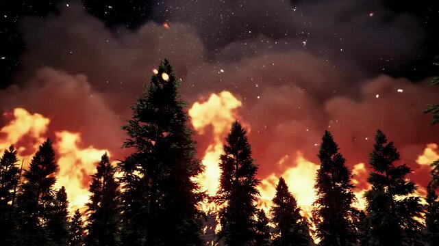 Dramatic time-lapse wide video of devastating forest wildfire under dark night sky. Jagged pine trees silhouetted against vibrant orange/crimson flames, thick smoke. Environmental disaster concept