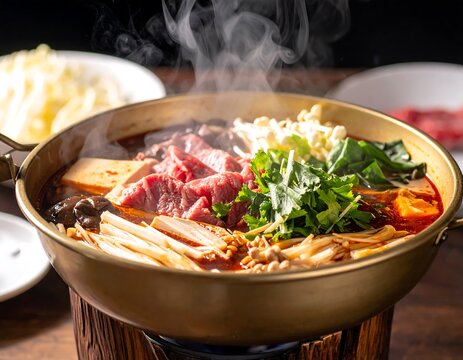 Steaming hot pot with fresh ingredients, a classic of asian cuisine, served in a brass pot with culinary presentation