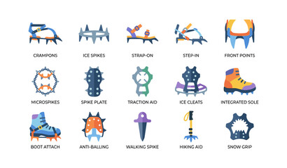 Fototapeta premium Crampon and traction icons showing footwear attachments and spikes