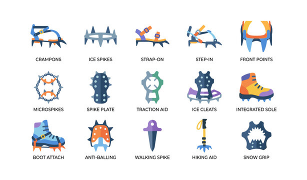 Crampon and traction icons showing footwear attachments and spikes