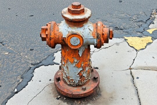 Rusty fire hydrant on cracked pavement, decaying paint, urban street scene, weathered metal, abandoned utility
