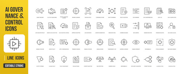 A comprehensive set of AI governance and control icons for monitoring, policy enforcement, data protection, auditing, and responsible AI operations, created in line style with editable stroke © GrandDesign