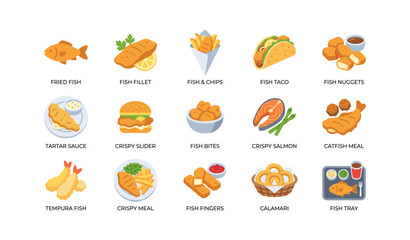 Fototapeta premium Variety of fish dishes illustrated as food icons on white background