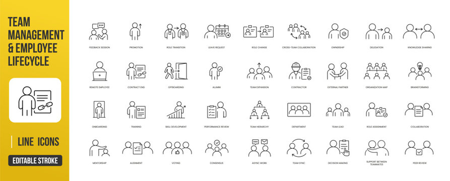 A set of team management and employee lifecycle icons for HR processes, collaboration, feedback, and workforce development, created in line style with editable stroke