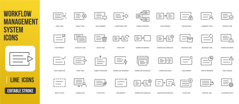 A comprehensive set of workflow management UI icons for task states, automation steps, and process control in web and app interfaces, created in line style with editable stroke