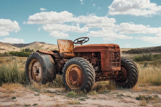 Abandoned rusted tractor in dry field under cloudy sky, rural landscape, vintage machinery, decay, desert