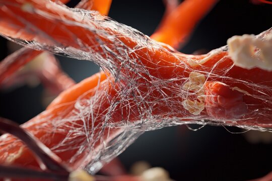 Human tissue fiber mesh microscopic view biological sample close up medical research red tissue collagen fiber extracellular matrix cell structure
