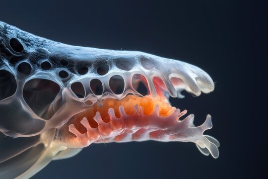 Mouthparts insect macro closeup anatomy transparent orange white sharp detail jaw larva arthropod biology creature mandible segmented texture scientific specimen abstract eerie tiny predator