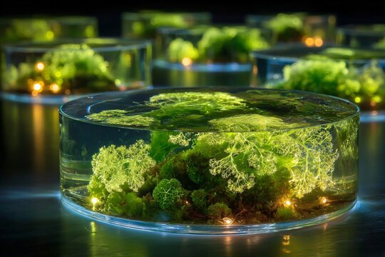 Enchanting miniature aquatic ecosystems glowing with vibrant green plants and warm lights in clear glass cylinders.