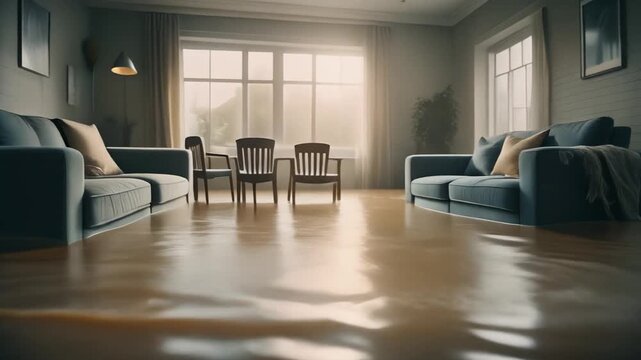 Flooded living room with sofas and dining chairs after severe indoor water damage.