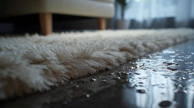Close-animated movie low angle view of a fluffy cream rug with water puddles on a dark floor, suggesting a spill or leak