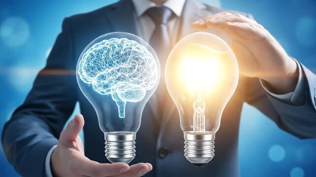 Businessman holding lightbulbs representing ideas and innovation in business.