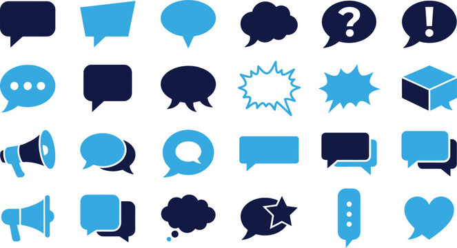 Various speech bubble shapes and icons for communication and conversation in blue and dark blue colors.