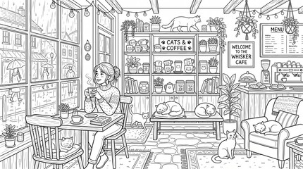 Fototapeta premium Cozy cat cafe coloring page with woman, multiple cats and rainy window, detailed relaxing line art printable