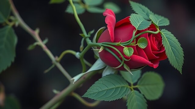 A rose stem entangled by clinging vines, natural side lighting highlighting color contrast.