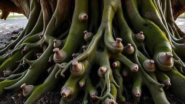 Gnarled roots of an old tree protruding from the ground, forming nodular structures.