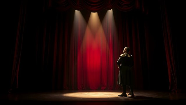 Spotlight on opera stage illuminating tenor singer in armor, dramatic shadows, red curtain background.
