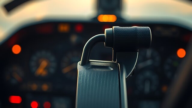 Close-up of a fighter jet ejection seat handle, warning lights in background.
