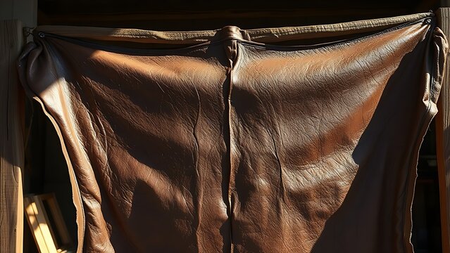 Animal hide stretched on wooden frame, textured surface in sunlight.