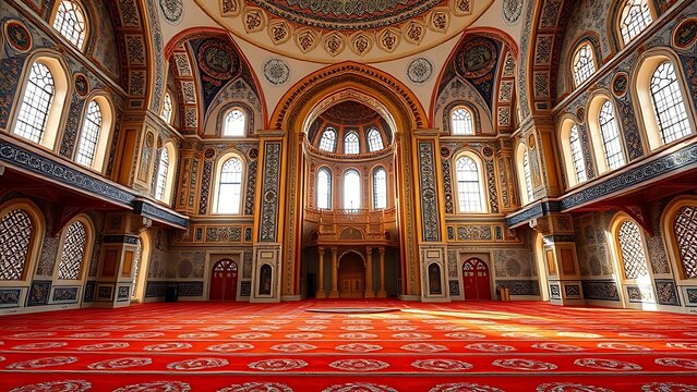 The ornate mihrab of an empty mosque prayer hall with tile patterns.