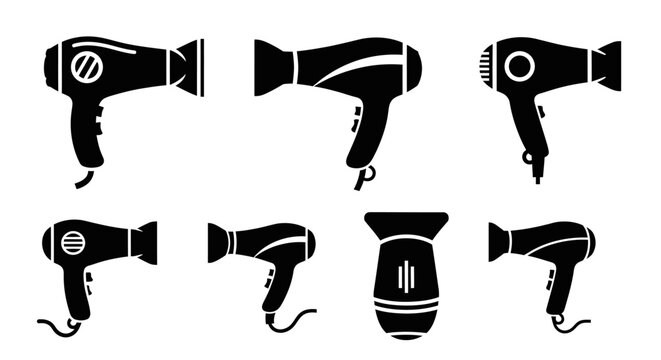 Collection of Black Hair Dryers Icons Set, Professional Styling Tools