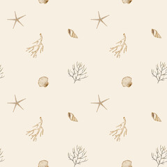 Watercolor pattern underwater beige seashells, corals. Hand drawn illustrations in vintage starfish, spiral, scallop beige background. Seamless marine print for textile design fabric clothes wallpaper © Anastasia Brekhova