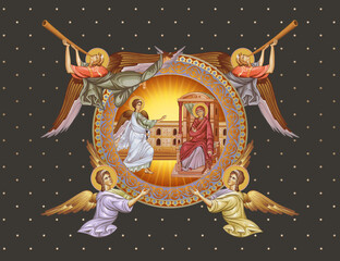Obraz premium Annunciation to the Blessed Virgin Mary. Decorative vintage illustration with angels in Byzantine style